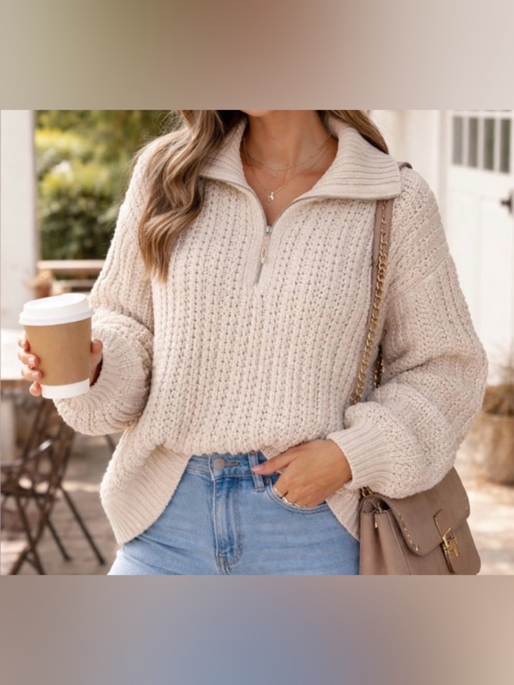 aerie Cream Half-Zip Cowlneck Sweater